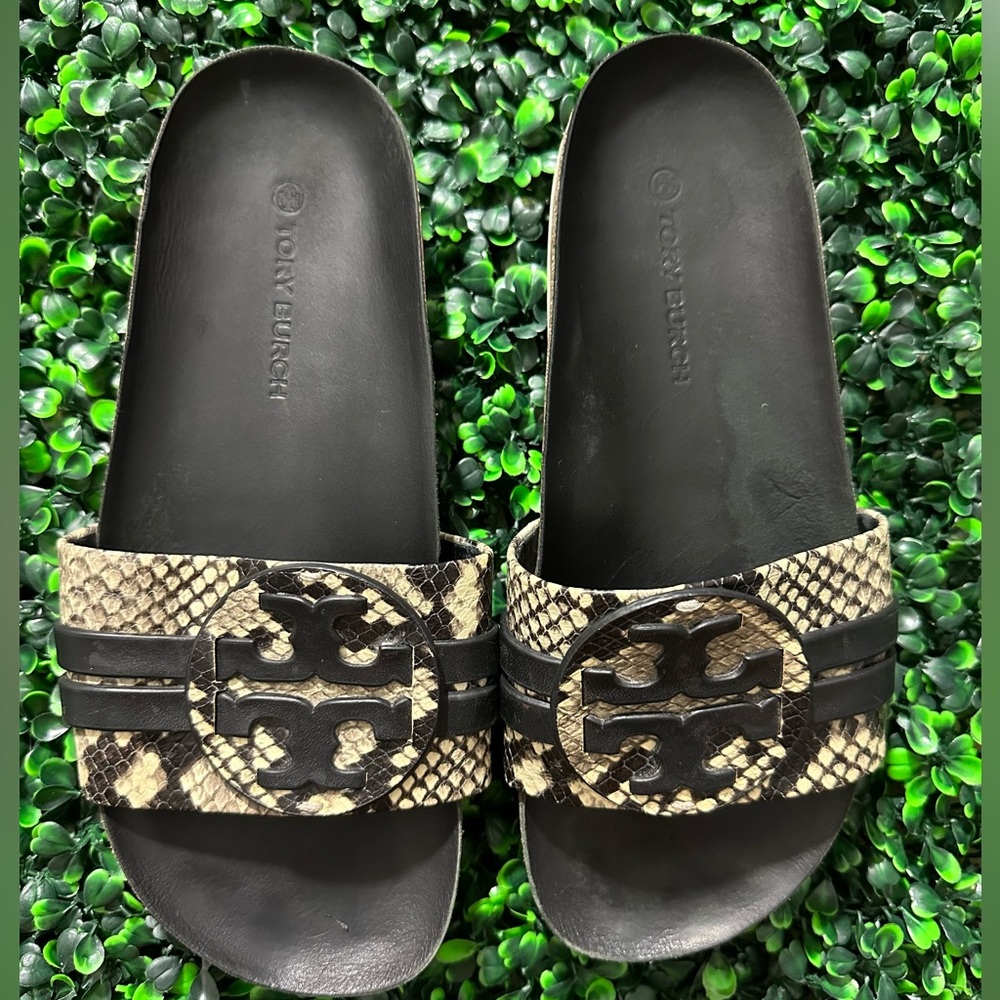 TORY BURCH Womens Sz 7.5 LEIGH ANATOMIC SLIDE  SNAKE PRINTED WARM ROCCIA/BLK